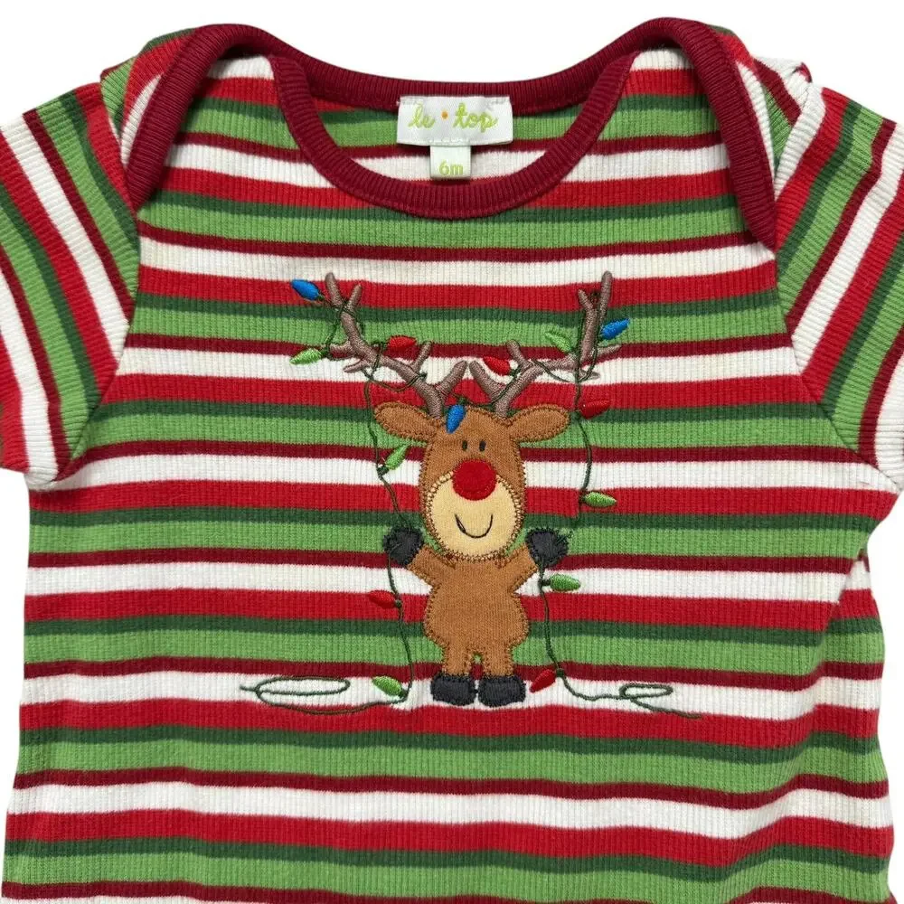 LE TOP Reindeer Stripe Ribbed Romper + Hat Size 6 Months Red Green White Cotton